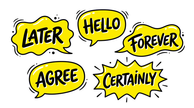 Comic bubbles featuring hello later and agree text.