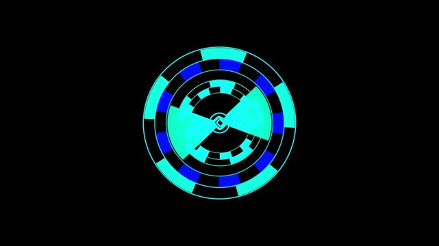 Complex cyan and blue circular HUD element with rings. High tech complex cyan and blue circular HUD element for telemetry screens. Tech complex cyan and blue HUD panel.
