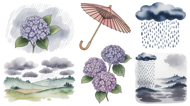 Set of cute vector and illustrator with pastel color, umbrellas, cute cloud, colorful flowers, lovely style 
