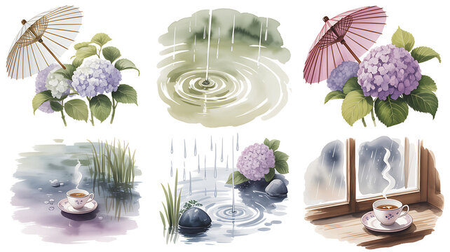 Set of cute vector and illustrator with pastel color, umbrellas, cute cloud, colorful flowers, lovely style 
