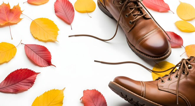Autumn fashion with brown leather boots and colorful leaves