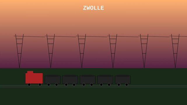 Minimalist animation of a train passing through zwolle at sunset animation