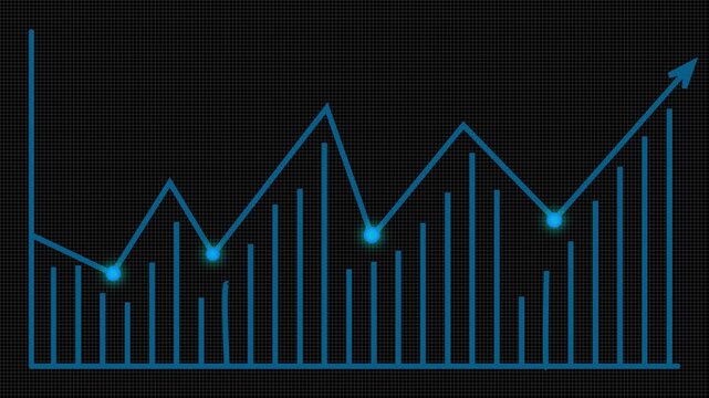 Blue line graph with dots over vertical bars on black. Statistical blue line graph with dots for business performance evaluations. Technical blue line graph with dots.