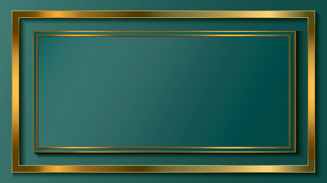 An elegant dark teal background features a sophisticated double golden frame providing a luxurious and stylish backdrop with ample copy space for design projects.