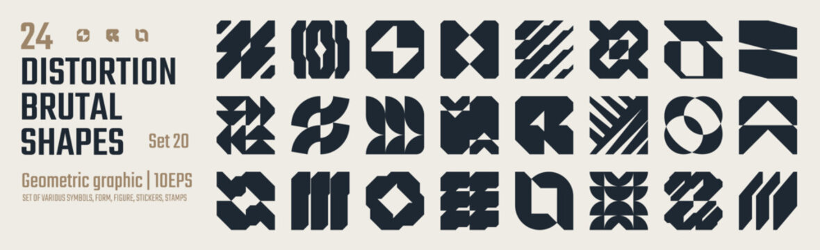 Brutalist vector shapes, Postmodern abstract geometric graphic bold Y2K elements, trendy cyber design symbols in futuristic aesthetics, set of Sci Fi modern logotype, retro futuristic forms, kit 20