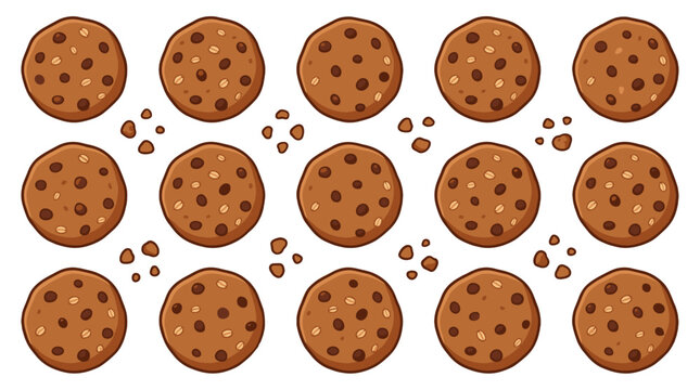 Seamless pattern of round chocolate chip cookies with crumbs