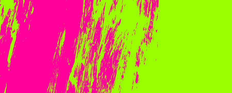 Dynamic acid grunge background with broad strokes and splashes of paint, Colorful scratches and cracks texture with grainy dust smears, Bright pink and green colored banner design