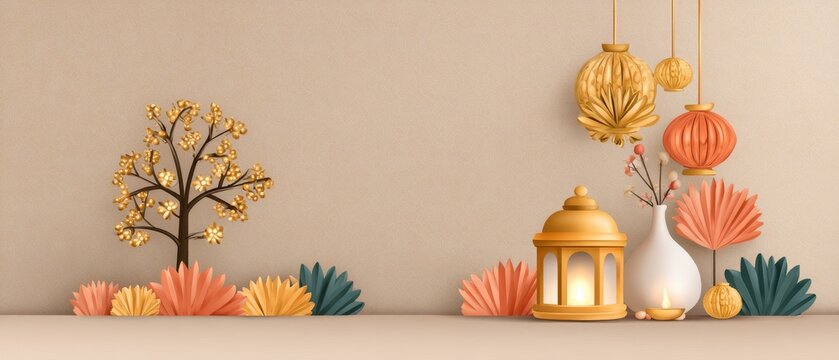 Elegant decorative setup for a festival celebration with lanterns flowers and ornaments in soft pastel tones