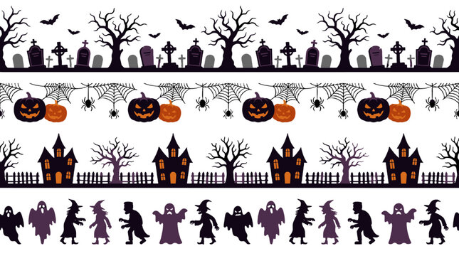 Halloween seamless border set with graveyard pumpkins and ghosts