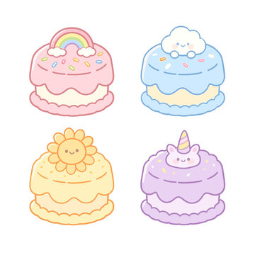 Kawaii Pastel Birthday Cake Set, Cute Dessert Collection
