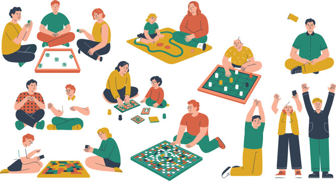 People Playing Board Games Vector Illustration Set Featuring Friends and Families Having Fun with Tabletop Card Games for Entertainment and Recreation Designs