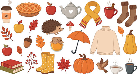 Cozy Autumn and Thanksgiving Vector Element Set with Pumpkin Pie, Hedgehog, Warm Sweater, Scarf, Boots, Hot Cocoa, and Colorful Fall Leaves © Siddika