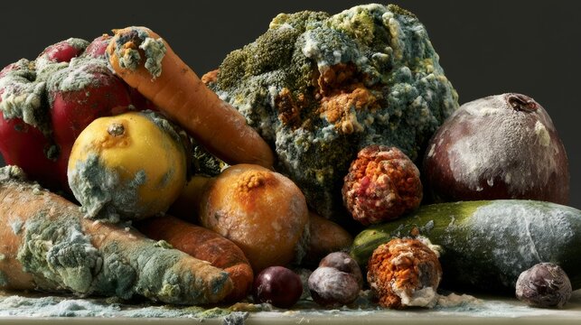 Rotting vegetables and fruits stacked on a table showing green and gray mold growth and decay