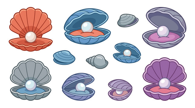 Collection of colorful seashells and pearls in cartoon vector style
