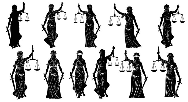 Lady justice silhouettes holding scales and sword in various poses