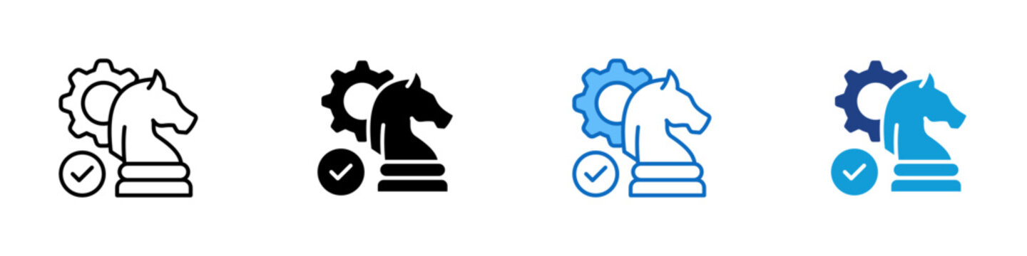 Change Strategy Multiple Style Icon Design Vector - Gear with chess knight and check mark representing change strategy, transformation planning, and strategic decision making