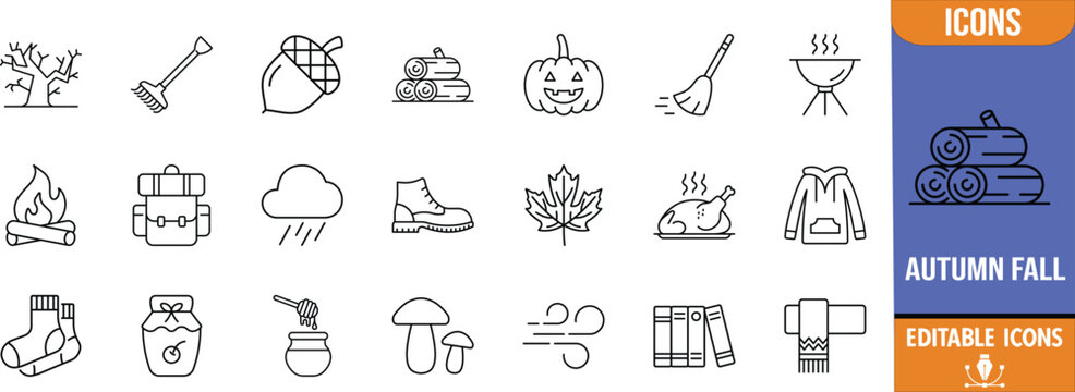 Autumn fall season nature line icons. pumpkin icon set, leaf icon set, acorn icon set