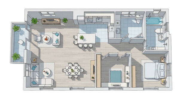 2D AutoCAD Vector illustration of a modern house floor plan design