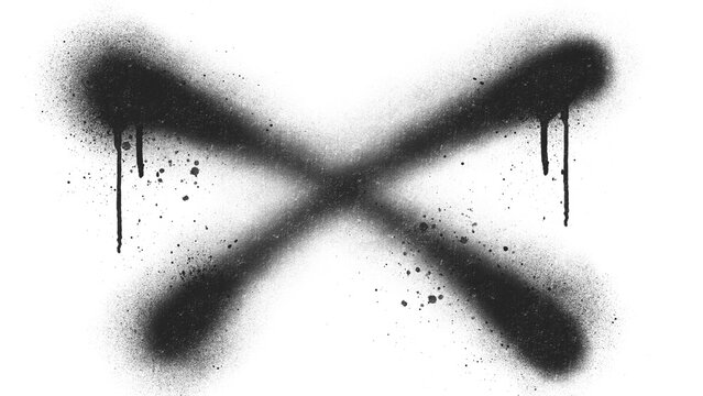 Cross sign black spray paint graffiti tag. Urban street art style ink grunge splat splatter splash letter x shape element for modern clothing print apparel presentation layout asset design clip art.