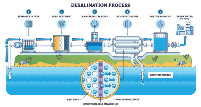 Desalination process flow shows seawater intake, high-pressure pump, and reverse osmosis membrane turning saltwater into potable water for cities, with brine discharge. Outline diagram