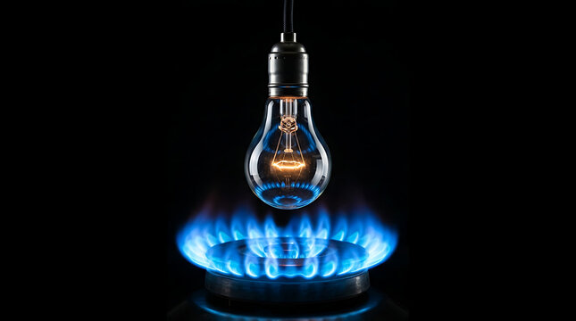 Bright light bulb over a blue gas flame, representing intertwined electricity and heating energy sources