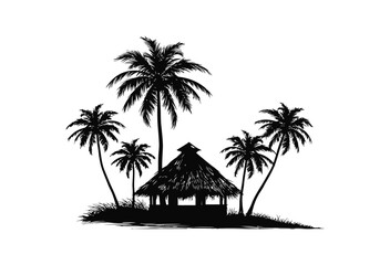 Obraz premium Palm vector silhouette featuring a tropical island bungalow