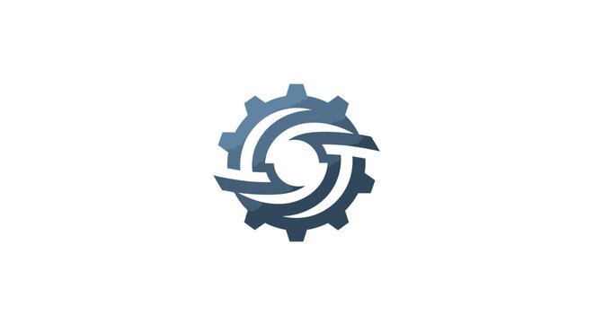 Abstract blue gear logo with central S curve.