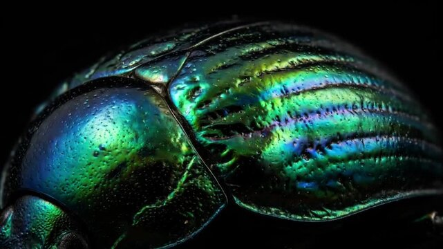  Iridescent beetle shell texture with shifting rainbow colors, natural structural coloration abstract background seamless loop