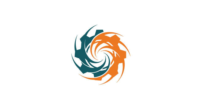 Abstract teal and orange gear vortex logo design.