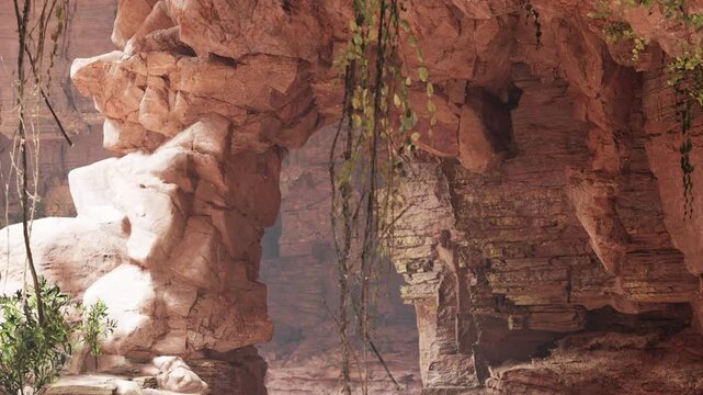 Large stone formations and vines hanging from the rocks inside a cave. The light shines through the opening, creating shadows on the surface.