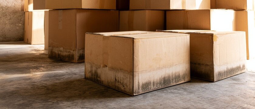 Boxes stacked in a storage area with visible wear and markings revealing the passage of time