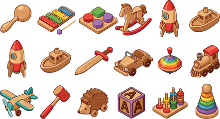 Naklejka premium Isometric Wooden Eco Friendly Baby Toy Vector Icon Set with Rocking Horse, Train, Rocket, Blocks, Xylophone, and Airplane for Nursery Designs