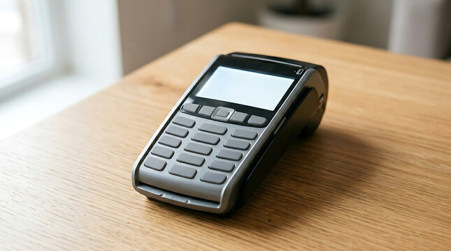 Photorealistic close-up shot of a sleek gray payment terminal resting on a warm wooden desk, ready for secure electronic transactions