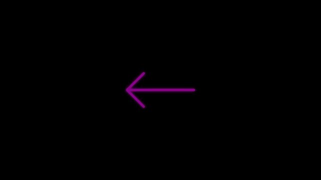 Neon pink left arrow sign glowing on animation black background, for directional ui
