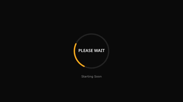 Please wait loading animation with rotating progress circle on animation black background