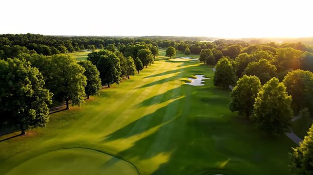 Aerial view of a beautiful golf course fairway with sand bunkers during a golden hour sunset