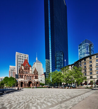 The historic Trinity Church, built in 1877, located in Copley Square, Boston, Massachusetts, New England