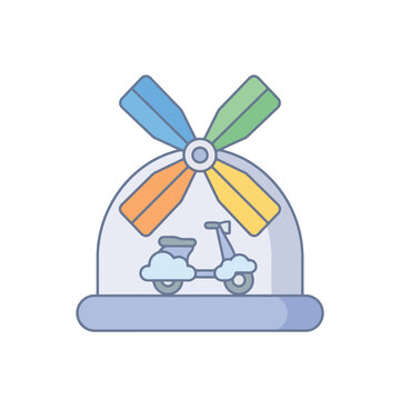 A colorful windmill icon featuring a small scooter inside a dome