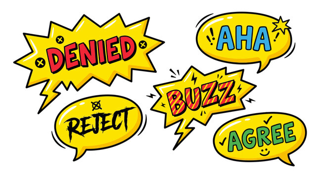 Comic speech bubbles with denied reject aha agree text.