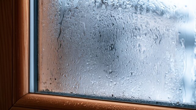 Rain falls outside a window with condensation in a home on a cloudy day