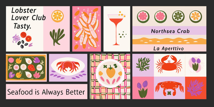 Seafood themed vector illustrations with crustaceans shellfish and botanical elements