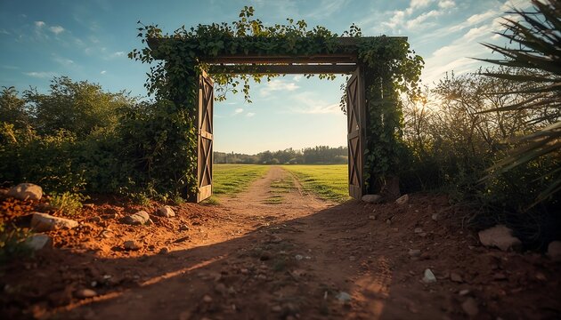Open wooden archway with green vines leading to a scenic country path at sunset