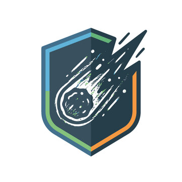 A stylized shield icon featuring a fast moving space object