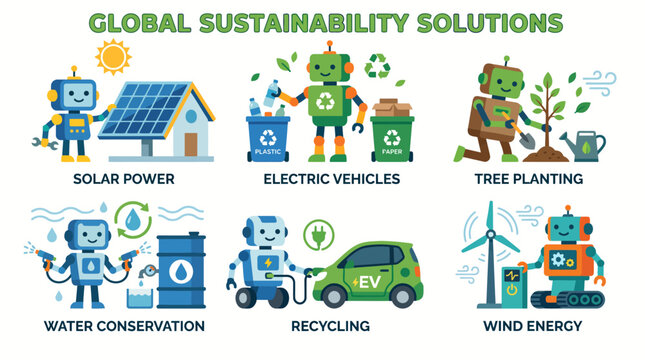 Set of cute robots performing various global sustainability and eco friendly environmental solutions.