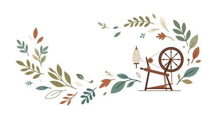 Naklejka premium Vintage spinning wheel surrounded by delicate botanical wreaths creating a rustic and nostalgic atmosphere