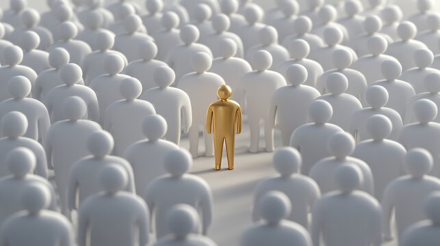 Many white figures surround a single golden figure standing in the middle during the day in a simple scene