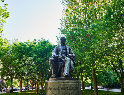 Statue of abolitionist William Lloyd Garrison, built in 1886, located in Boston's Commonwealth Avenue Mall, Boston, Massachusetts, New England