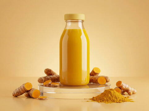 Fresh herbal turmeric juice in a clear bottle with raw roots