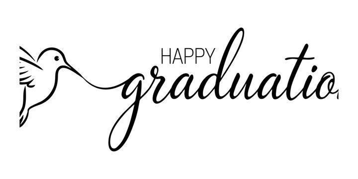 Happy graduation text design with a beautiful hummingbird line art drawing for a creative celebration card or party invitation banner for students Vector, illustration
