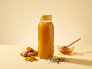 Fototapeta premium Healthy turmeric herbal drink with fresh roots and honey